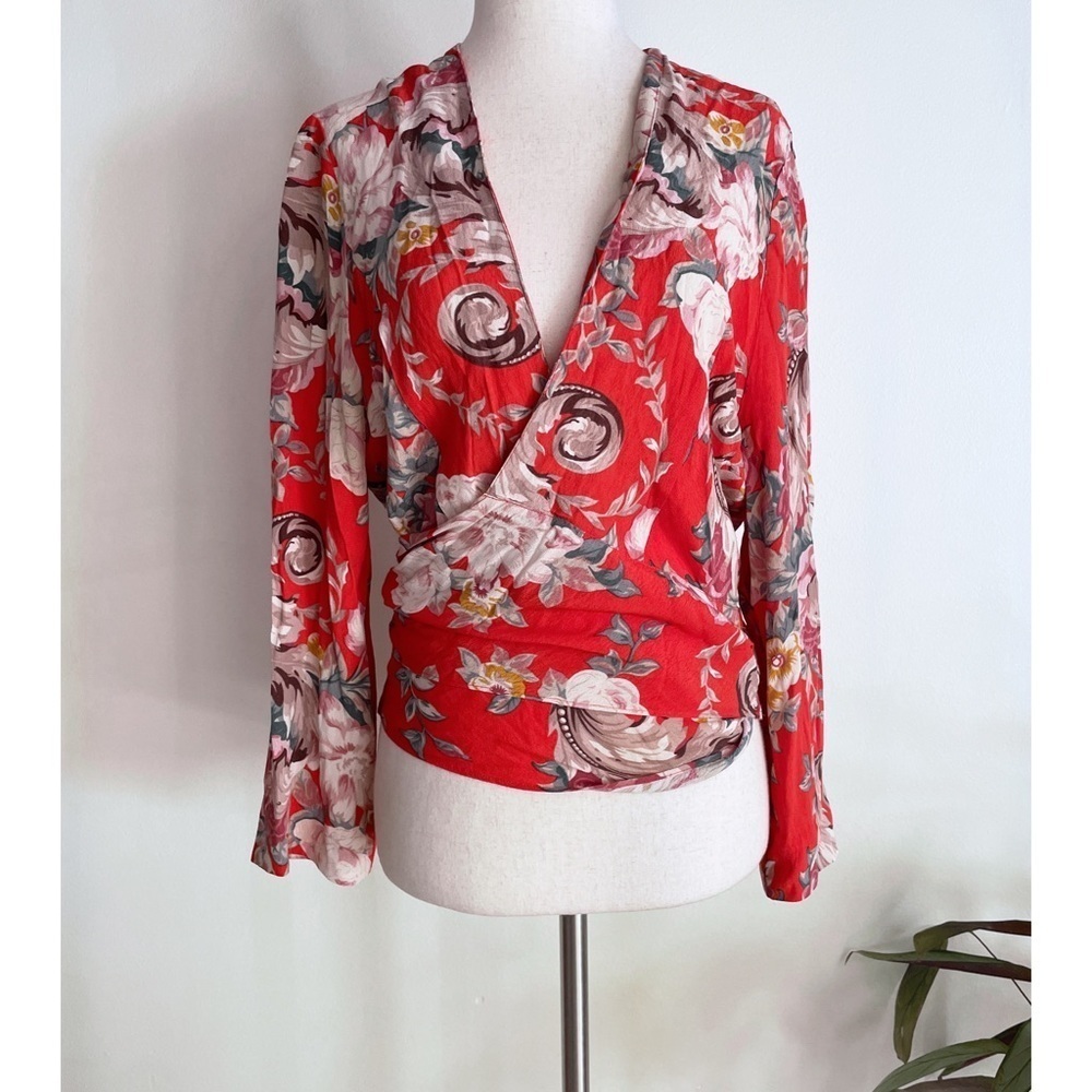 ROLLA’S Orange Delilah Rococo Roses Wrap Cropped Blouse M - Picture 2 of 10